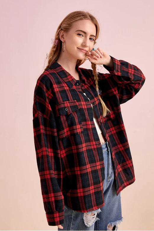 Plaid Stand Collar Button Shirt Blouse - Image 16