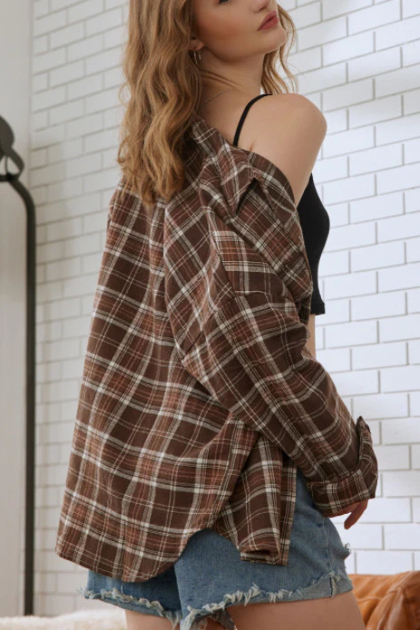 Plaid Stand Collar Button Shirt Blouse - Image 18