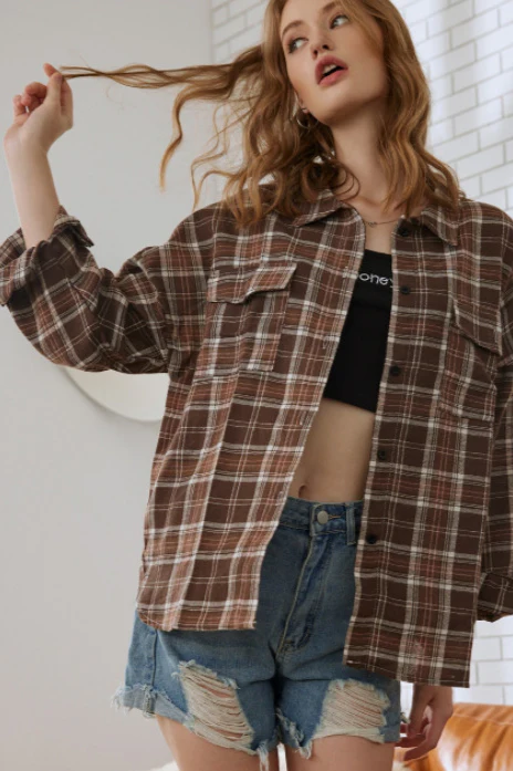 Plaid Stand Collar Button Shirt Blouse - Image 19