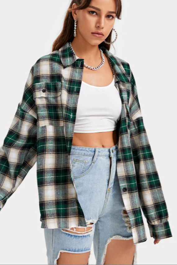 Plaid Stand Collar Button Shirt Blouse - Image 2