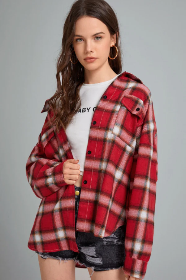 Plaid Stand Collar Button Shirt Blouse - Image 21