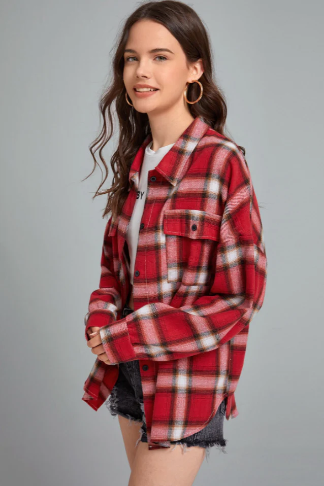 Plaid Stand Collar Button Shirt Blouse - Image 22