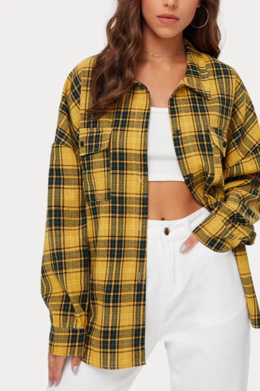 Plaid Stand Collar Button Shirt Blouse - Image 24