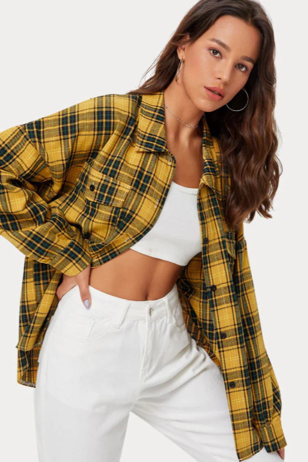 Plaid Stand Collar Button Shirt Blouse - Image 25