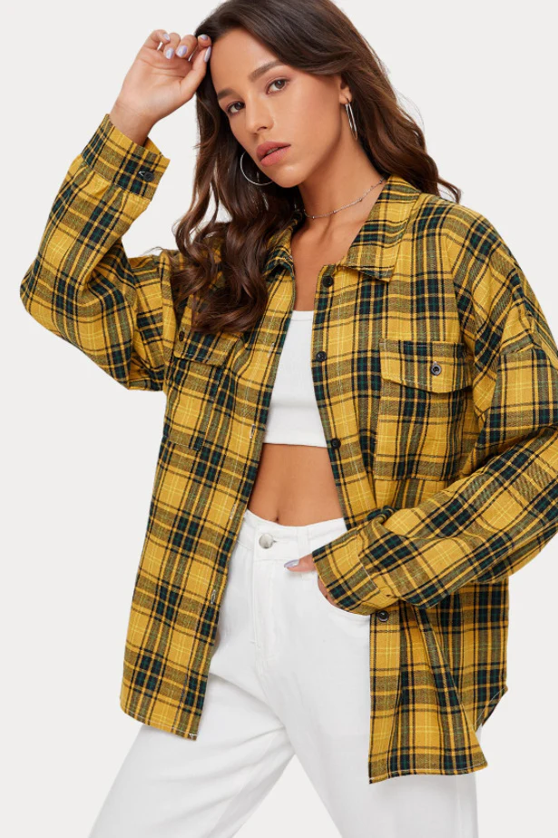 Plaid Stand Collar Button Shirt Blouse - Image 28