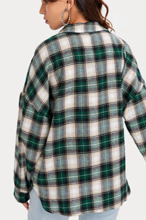 Plaid Stand Collar Button Shirt Blouse - Image 3