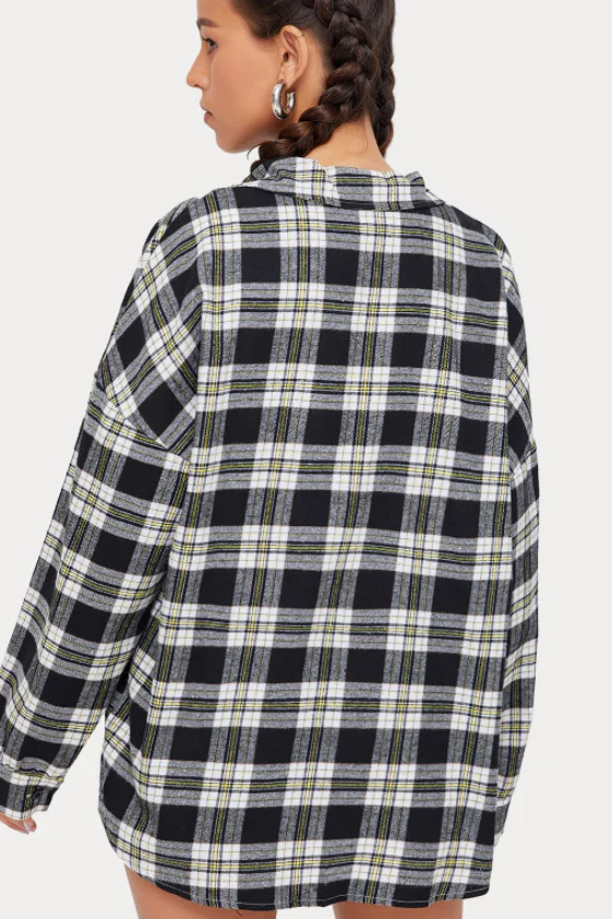 Plaid Stand Collar Button Shirt Blouse - Image 30