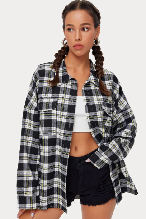 Plaid Stand Collar Button Shirt Blouse - Image 31