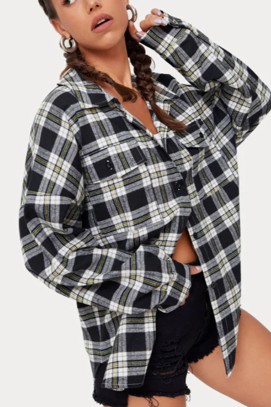 Plaid Stand Collar Button Shirt Blouse - Image 32