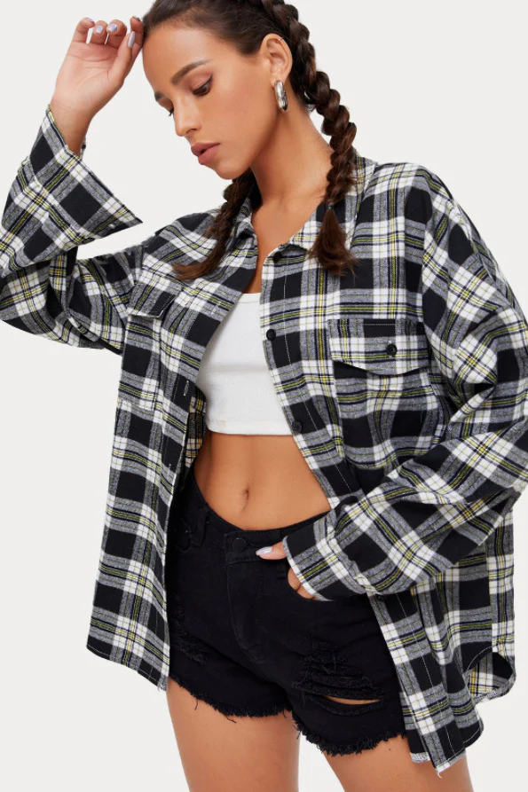 Plaid Stand Collar Button Shirt Blouse - Image 33