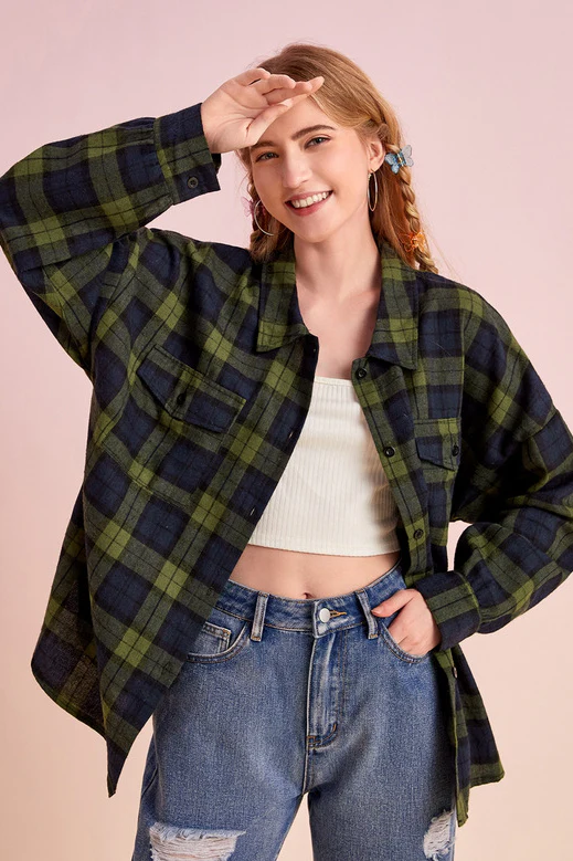 Plaid Stand Collar Button Shirt Blouse - Image 4