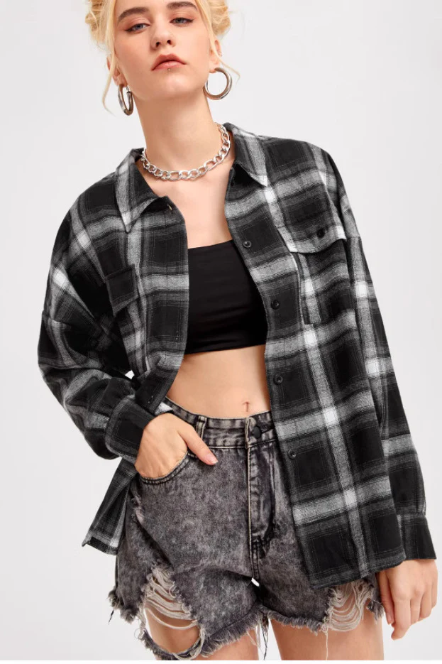 Plaid Stand Collar Button Shirt Blouse - Image 5