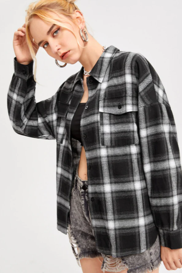 Plaid Stand Collar Button Shirt Blouse - Image 6