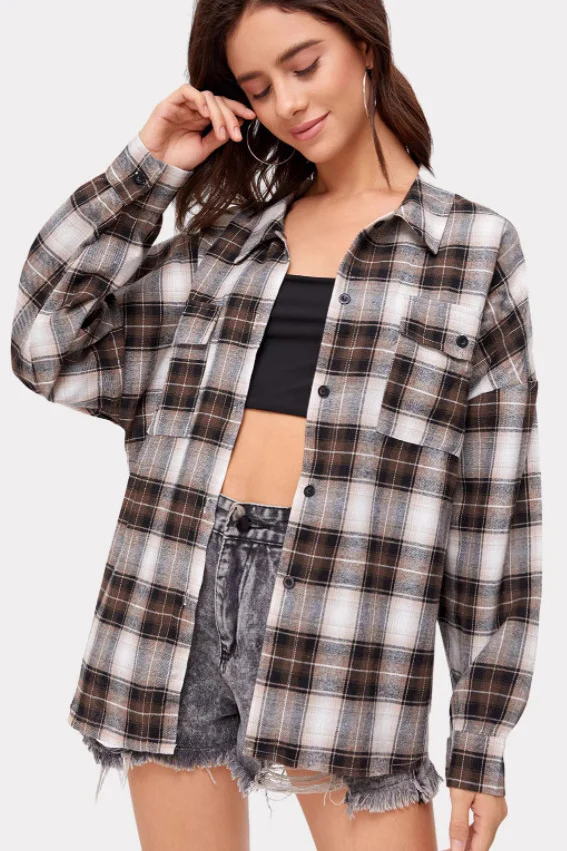 Plaid Stand Collar Button Shirt Blouse - Image 7