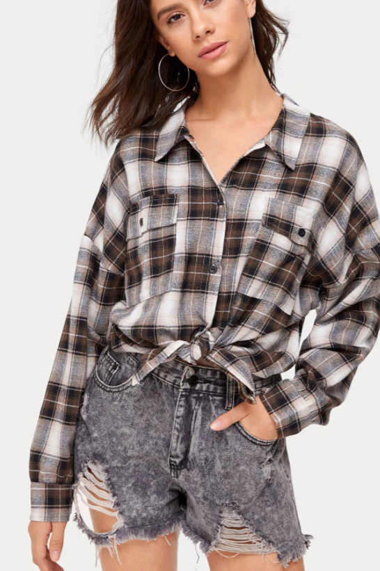 Plaid Stand Collar Button Shirt Blouse - Image 8