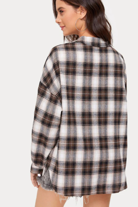 Plaid Stand Collar Button Shirt Blouse - Image 9