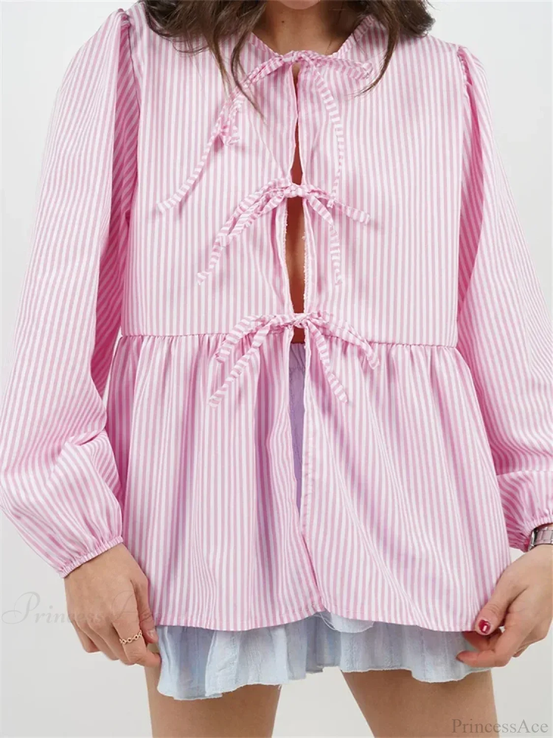 Plaid Stripe Front Tie-up Long Sleeve Blouse - Image 10
