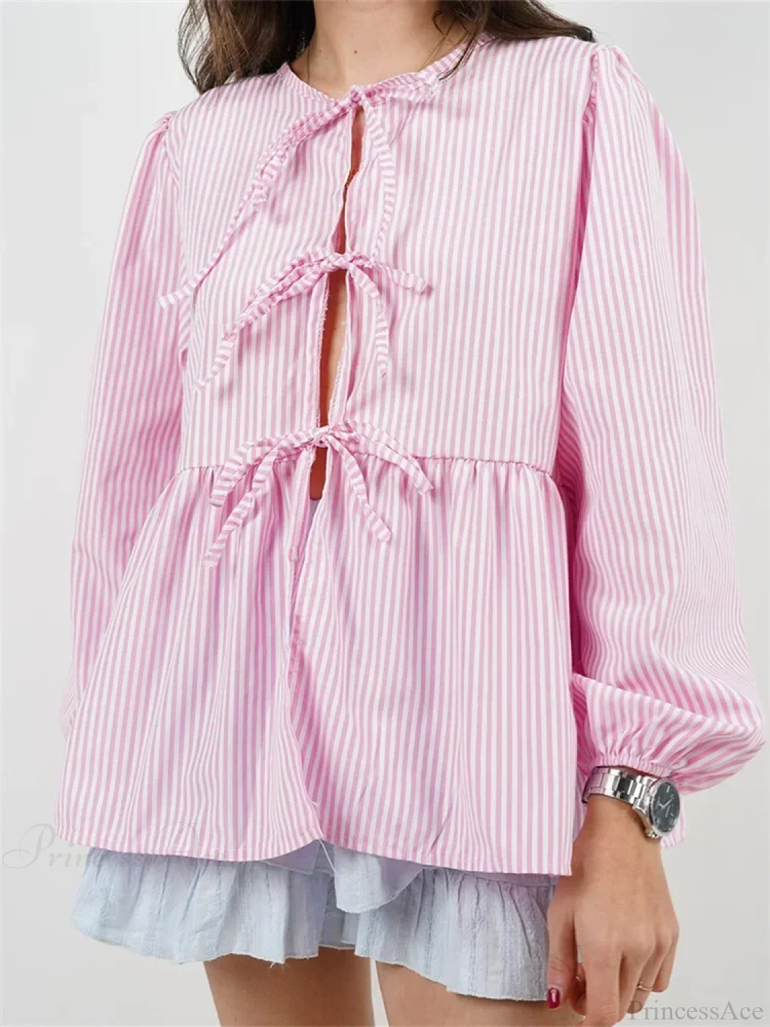 Plaid Stripe Front Tie-up Long Sleeve Blouse - Image 4