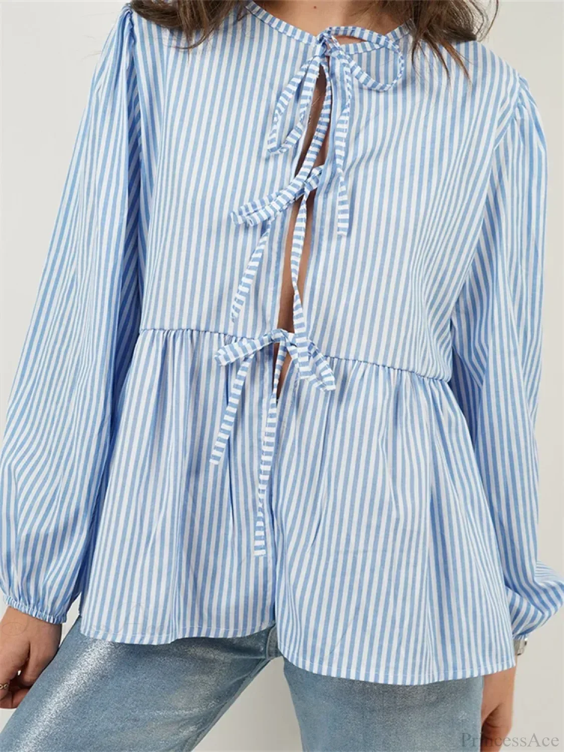 Plaid Stripe Front Tie-up Long Sleeve Blouse - Image 5