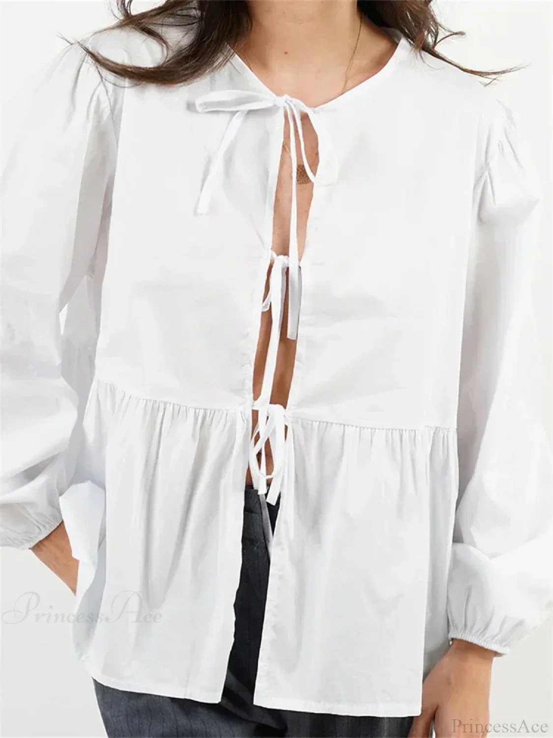 Plaid Stripe Front Tie-up Long Sleeve Blouse - Image 6