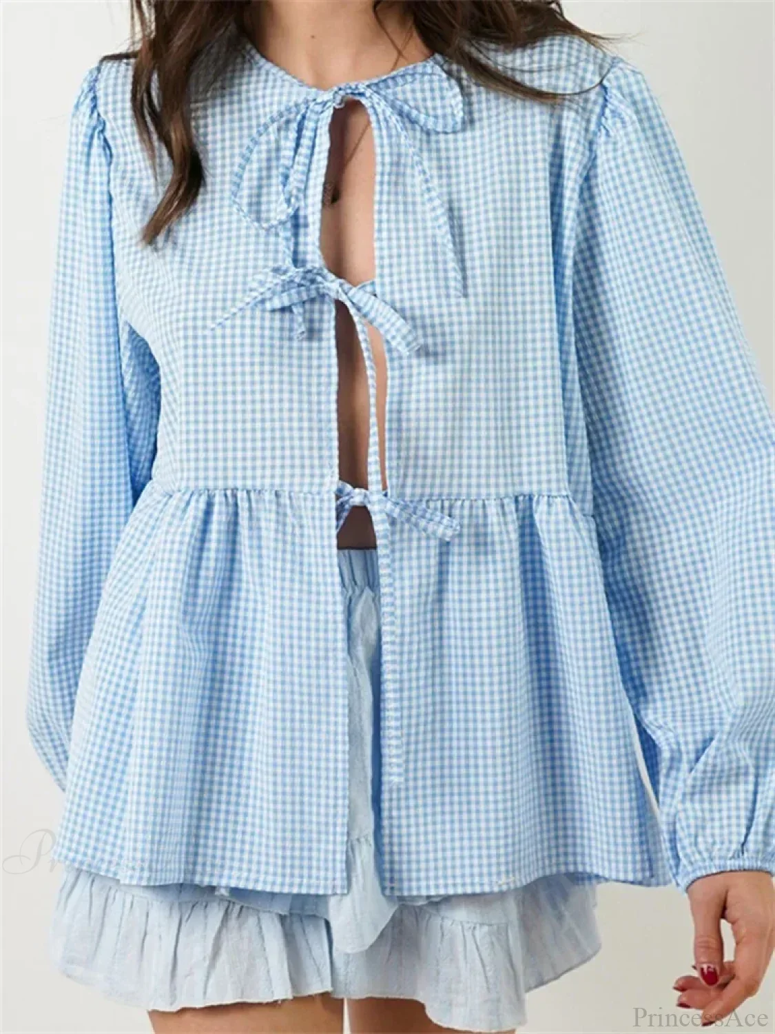 Plaid Stripe Front Tie-up Long Sleeve Blouse - Image 7
