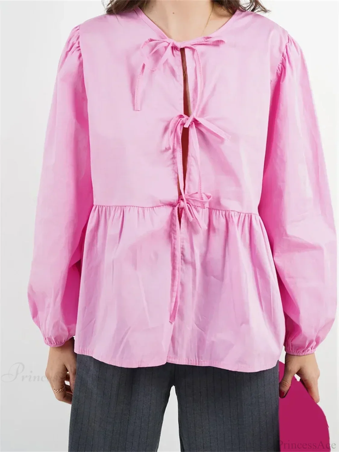 Plaid Stripe Front Tie-up Long Sleeve Blouse - Image 8