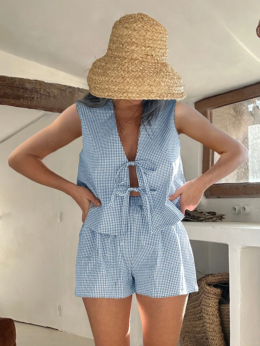 Plaid Tie Front Vest Crop Top