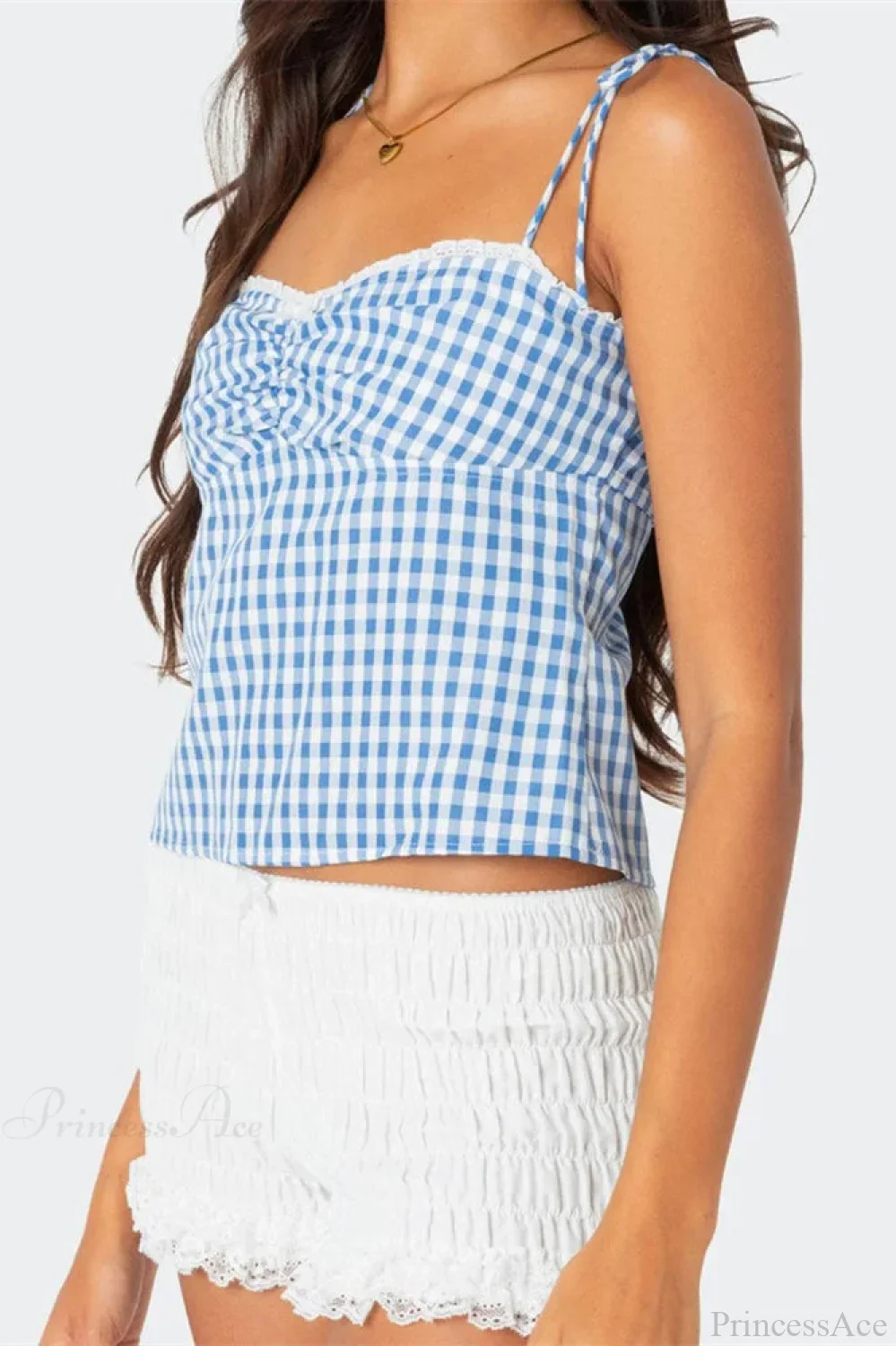 Plaid Tie-up Backless Ruched V-neck Crop Top - Image 2