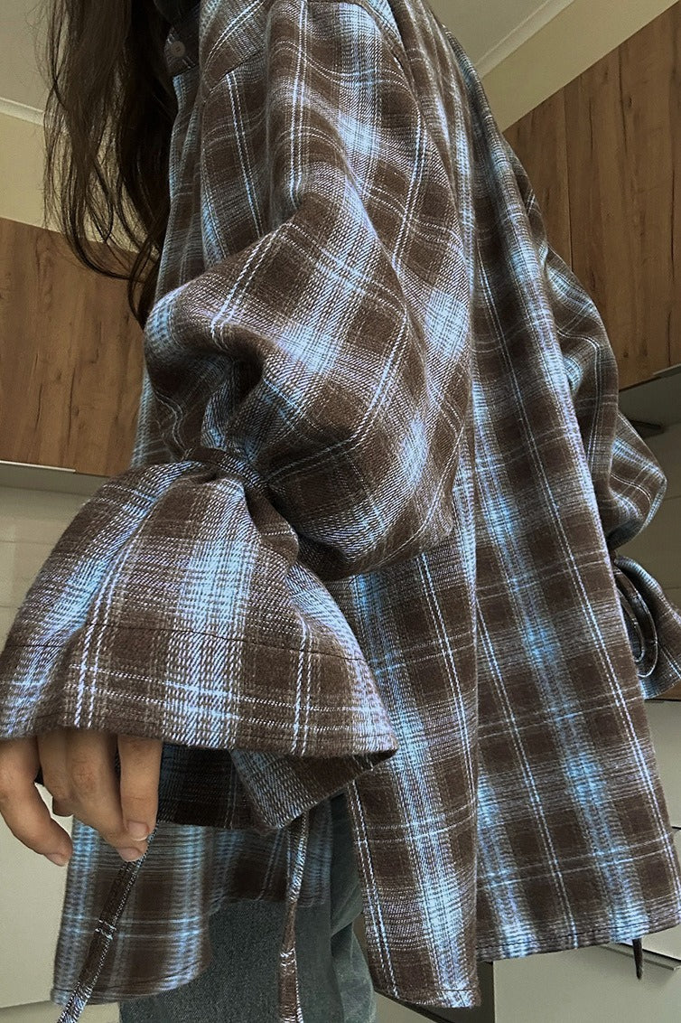 Plaid Tie Waist Long Sleeve Blouse - Image 3