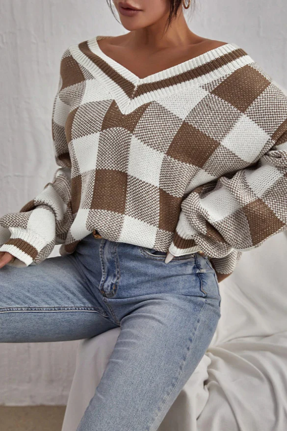 Plaid V-Neck Loose Long Sleeve Knit Sweater - Image 3