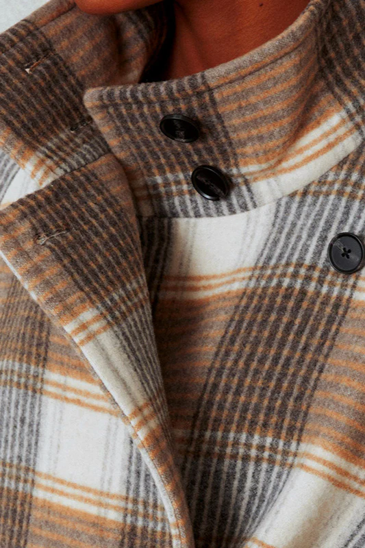 Plaid Woolen Color Blocking Cinched Overcoat - Image 3