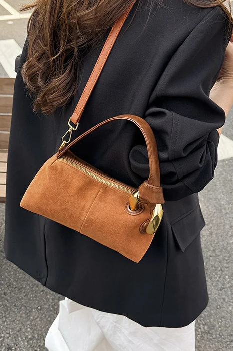 Plain Suede Retro Metal Detail Pillow-style Shoulder Crossbody Bag - Image 4