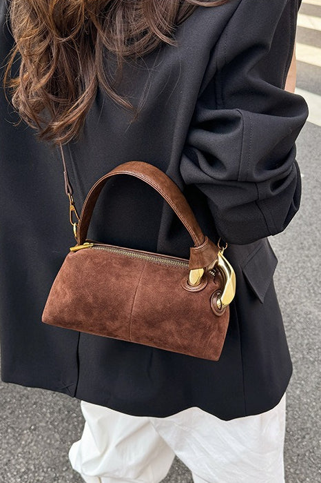 Plain Suede Retro Metal Detail Pillow-style Shoulder Crossbody Bag - Image 5