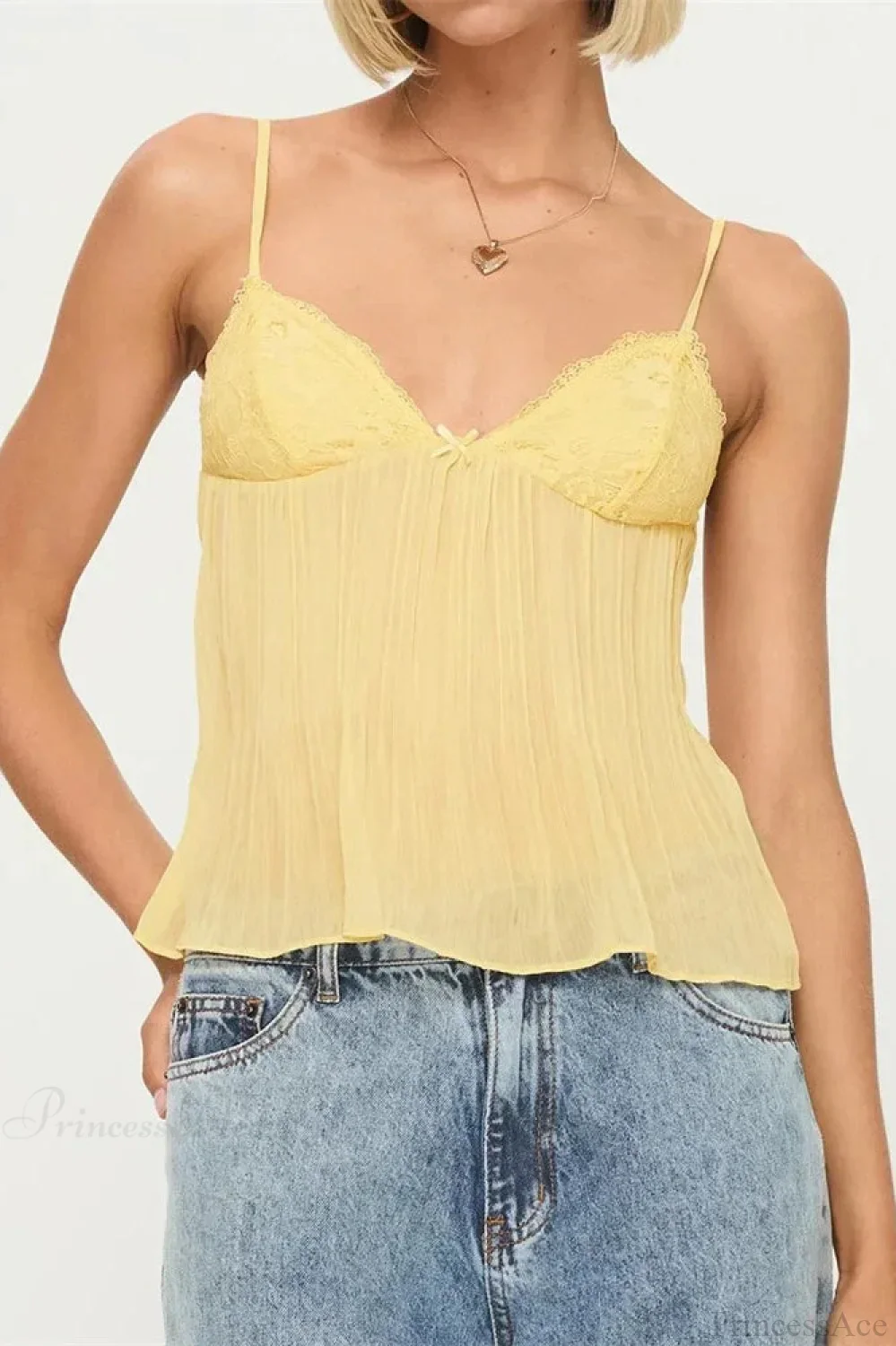 Pleated Bowknot Lace See-through Crop Top - Image 3