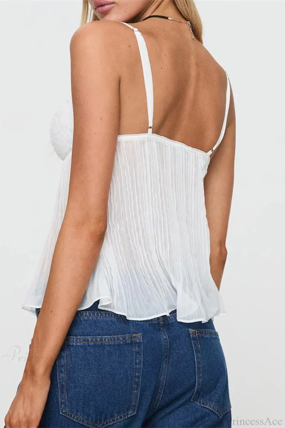 Pleated Bowknot Lace See-through Crop Top - Image 6