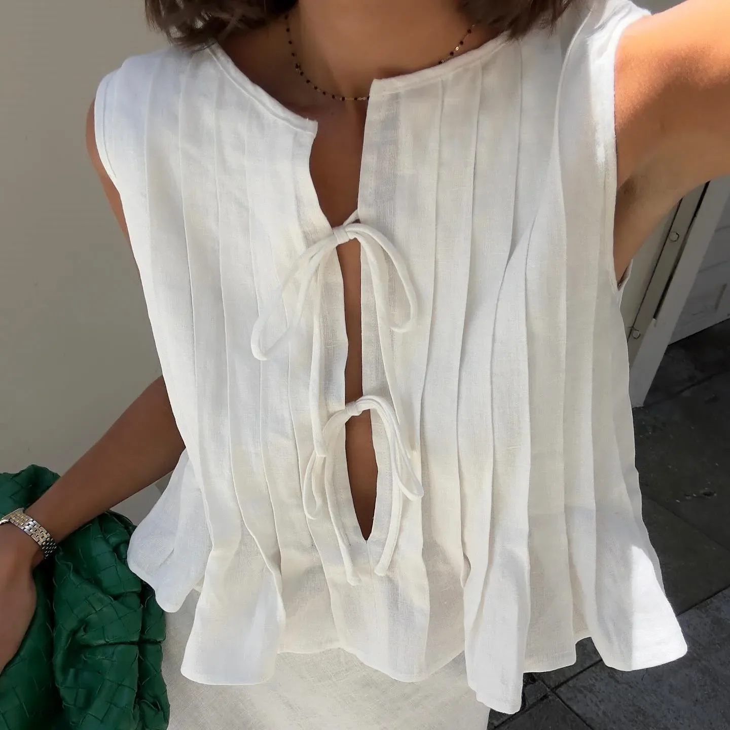 Pleated Cut-Out Ruffle Crop Top - Image 2