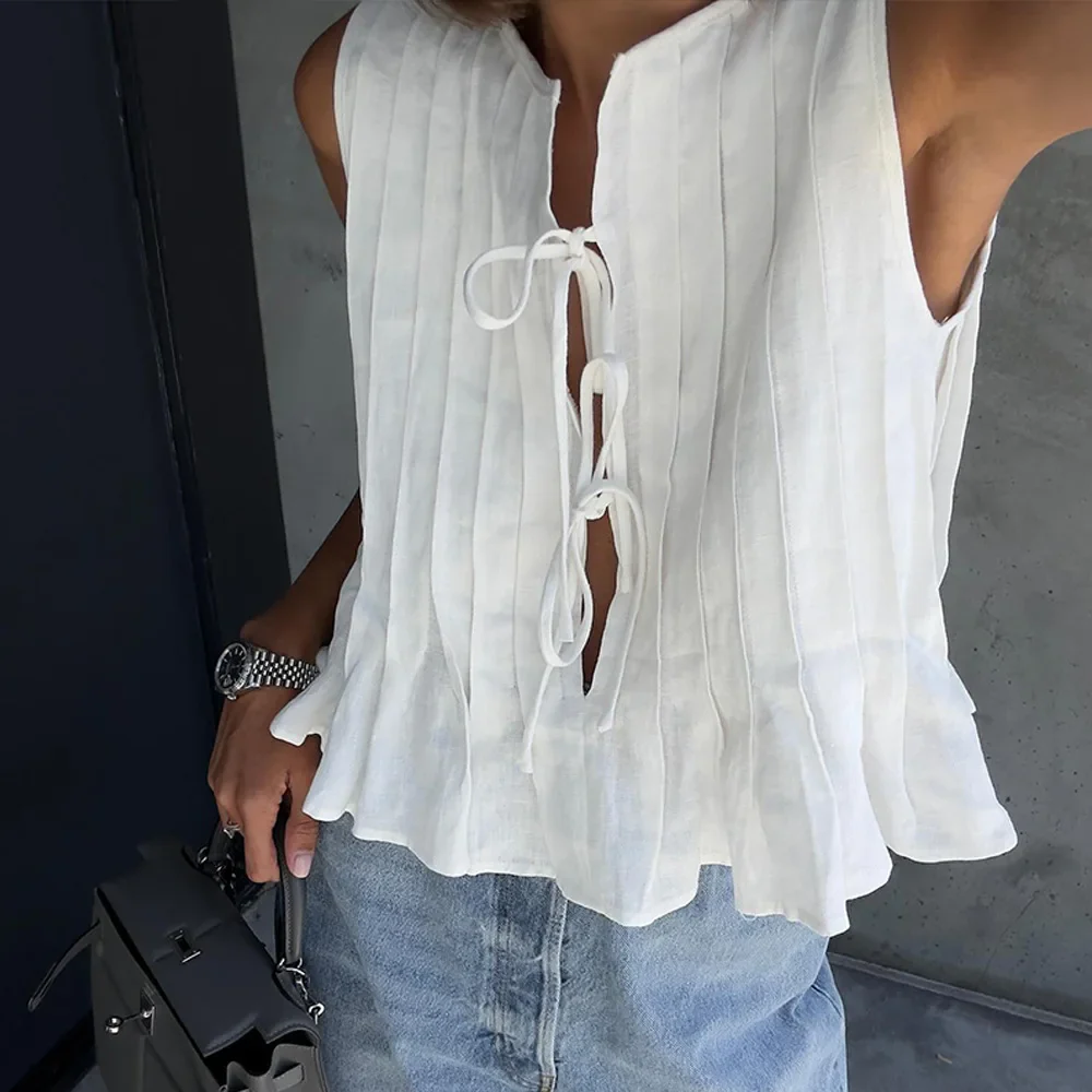 Pleated Cut-Out Ruffle Crop Top - Image 3