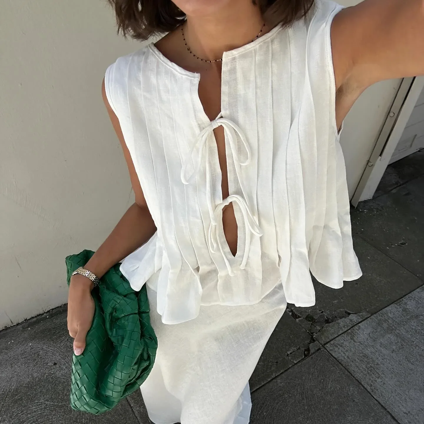 Pleated Cut-Out Ruffle Crop Top - Image 4