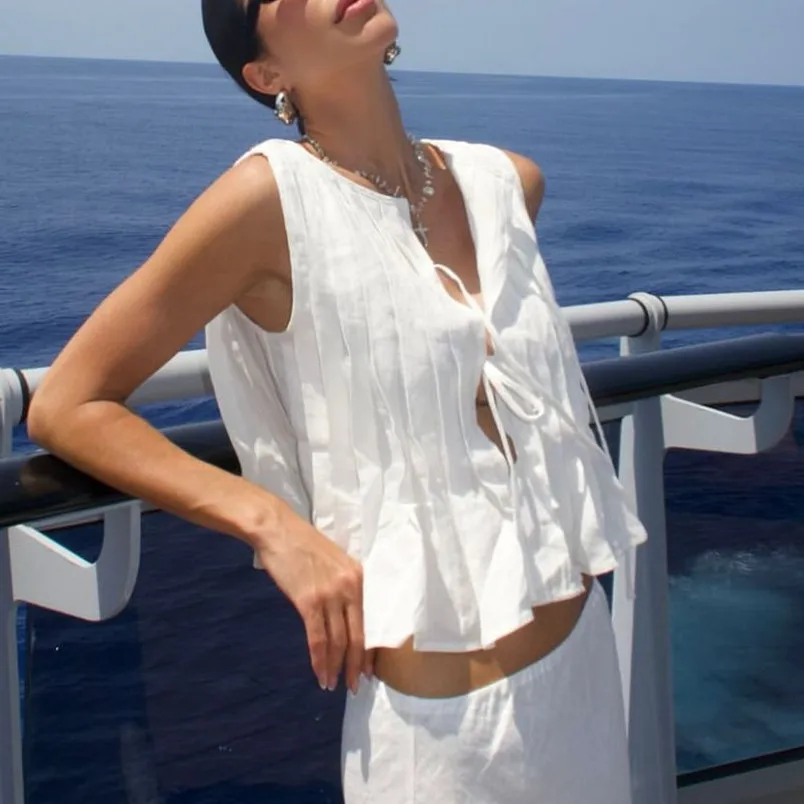 Pleated Cut-Out Ruffle Crop Top - Image 6
