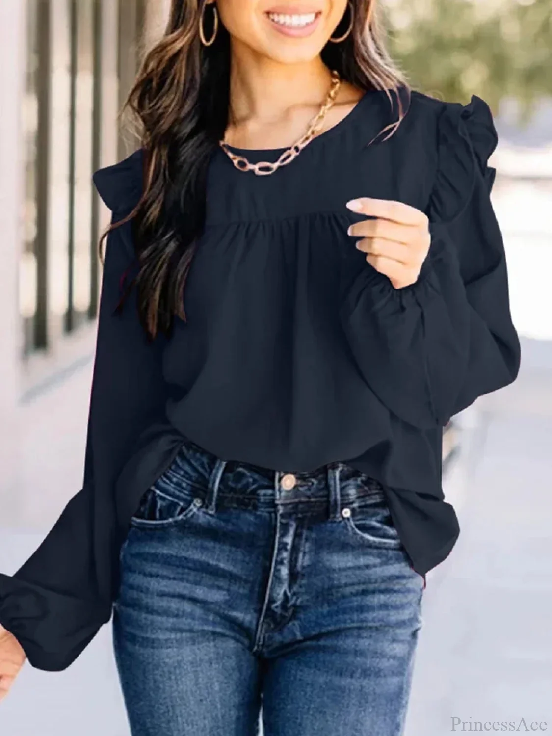 Pleated Front Lantern Sleeve Casual Chic Blouse - Image 2