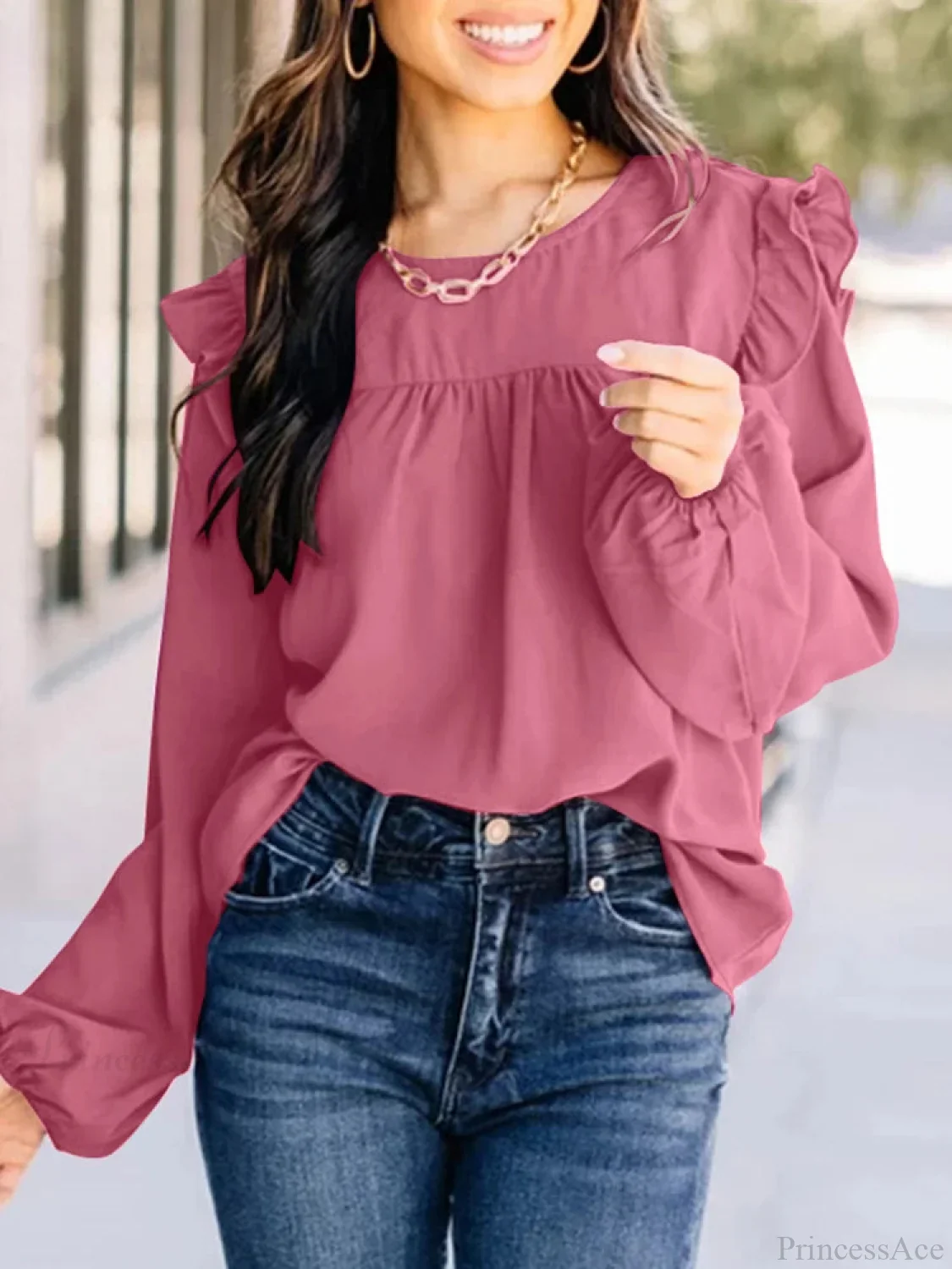Pleated Front Lantern Sleeve Casual Chic Blouse - Image 3