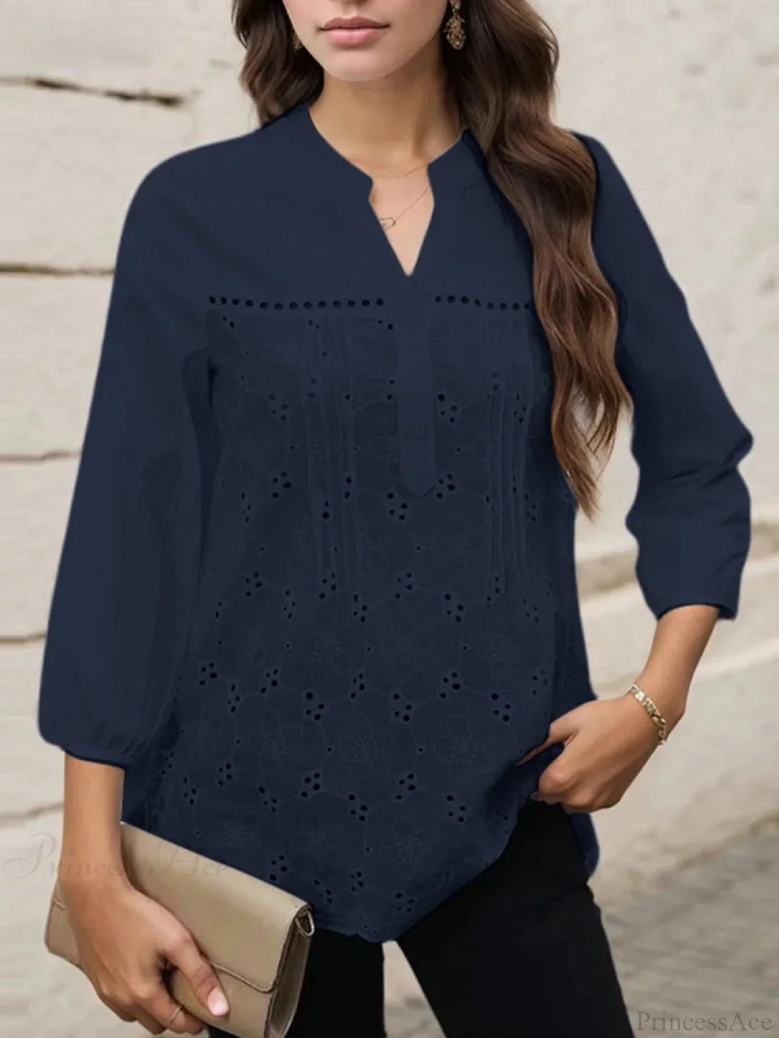 Pleated Lace Insert V-neck 3/4 Sleeve Blouse - Image 3