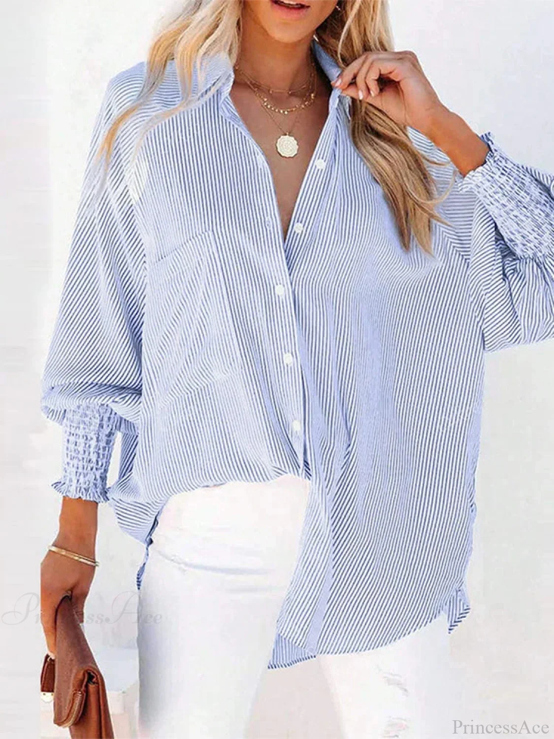 Pleated Lapel Neck Lantern Sleeve Blouse - Image 3