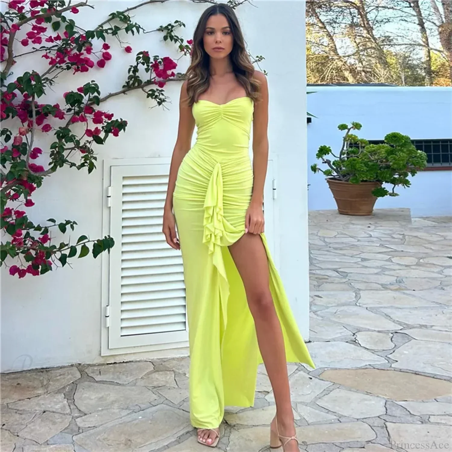Pleated Strapless Maxi Vacation Dress - Image 5