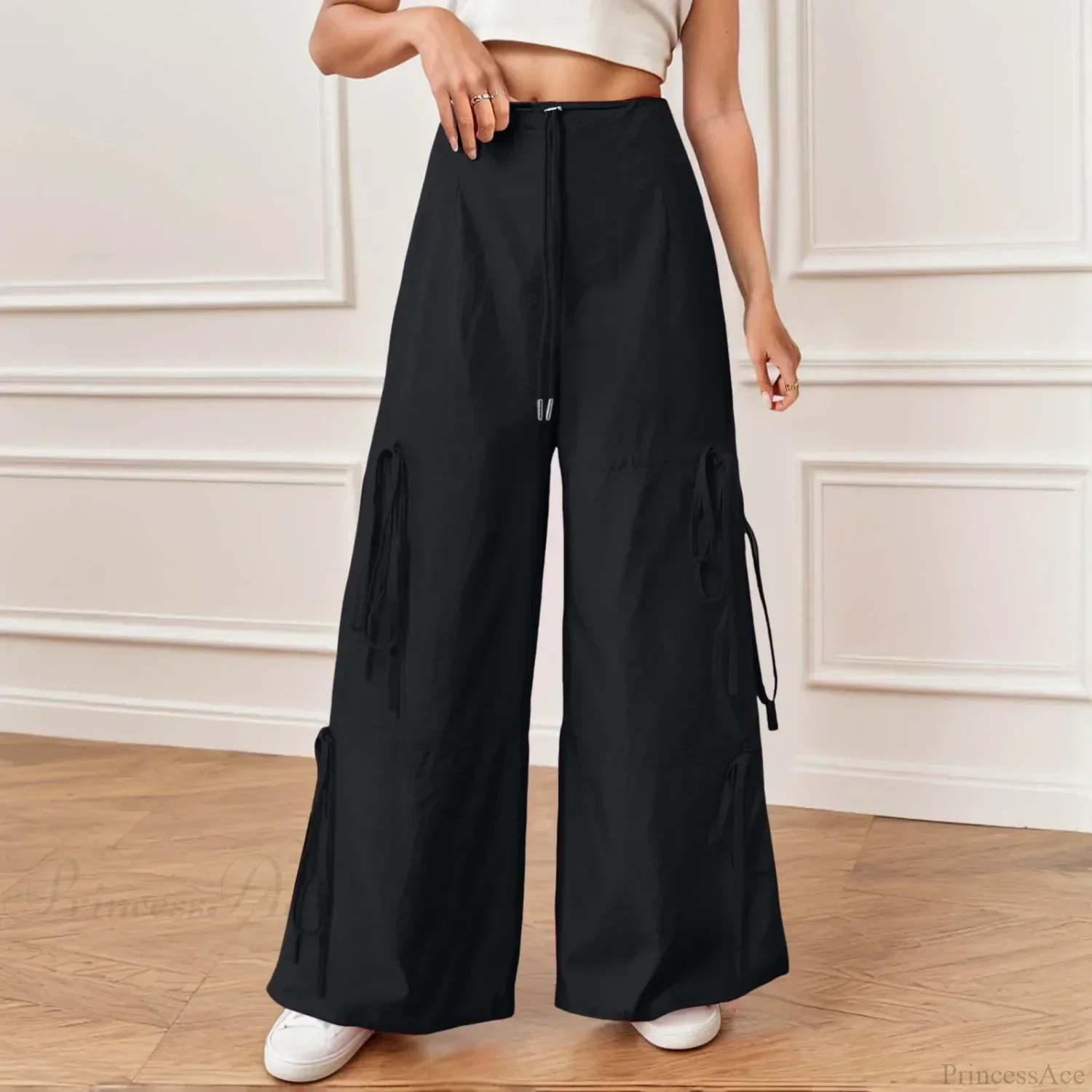 Pleated Wide Leg Sports Bow Tie Pants - Image 4