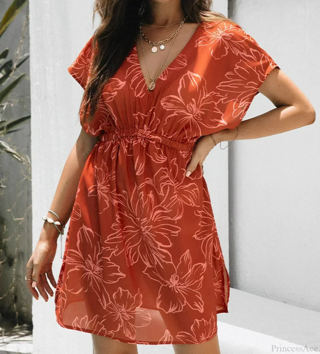Plunge Neck Elastic Waist Bikini Cover Up - Image 3