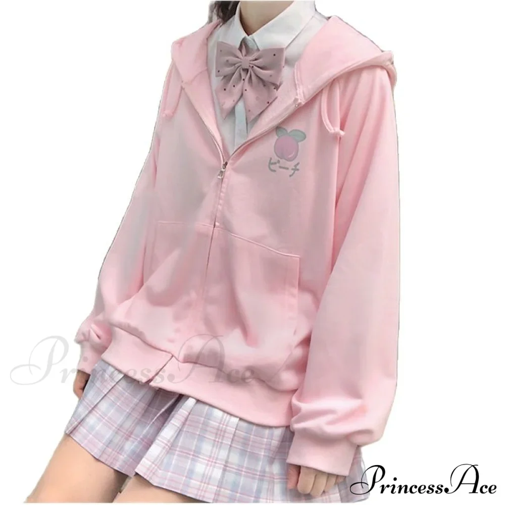 Plus Hoodie Design Women Fruit Sweatshirt Harajuku Loose Thin Zipper Sweet Pink Pocket Cute Size Spring Clothes