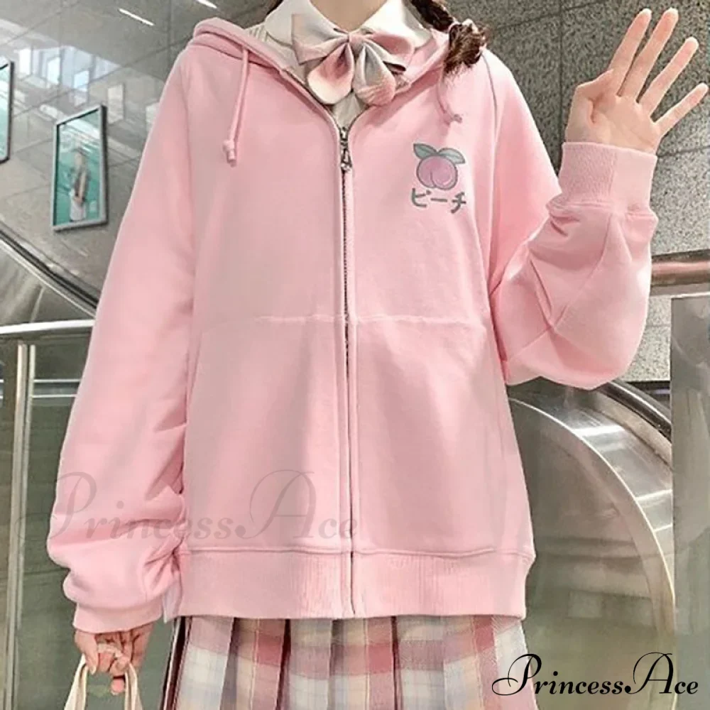Plus Hoodie Design Women Fruit Sweatshirt Harajuku Loose Thin Zipper Sweet Pink Pocket Cute Size Spring Clothes - Image 2