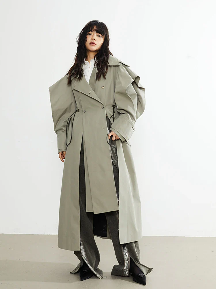 Plus Size Elegant Long Drawstring Waist Double Breasted Luxury Designer Stylish Coat - Image 5