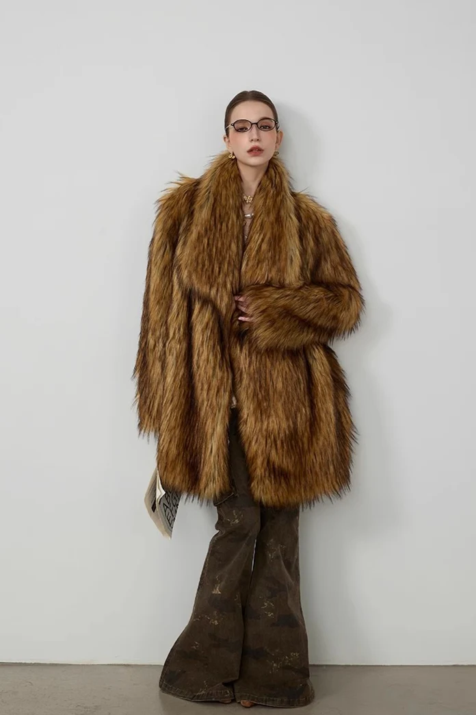Plush Faux Animal Fur Loose Warm Mid-Length Notch Collar Coat - Image 2